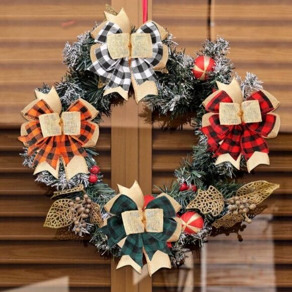 Plaid Bow Gift Wrap 6" Burlap Bow Checkered Ribbon White Green Red Orange Set/4 - Picture 3 of 4